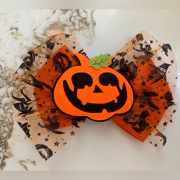 Girls Orange Halloween Pumpkin 🎃 Jack-O-Lantern Cheerleader Oversized Bow - Picture 2 of 5